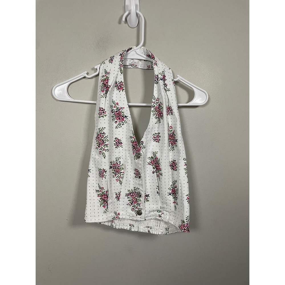 Vintage Denim Floral Print Halter Neck Cropped Vest Retro Western Size Medium